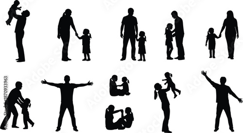 Set of family silhouettes, parents playing with children, mother and father bonding with daughter, happy childhood moments, diverse parenting poses, isolated vector illustrations, black graphics