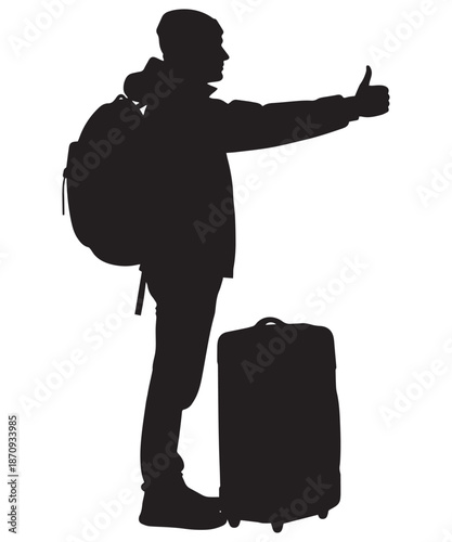 Silhouette of a traveler with a backpack and suitcase giving a thumbs up, ready for adventure.