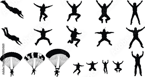 Set of skydiver silhouettes in various flying positions, extreme sport parachuting icons, skydiving jump maneuvers, and parachute landing vector illustrations for adventure designs.