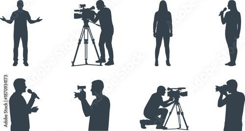 Silhouette of media professional crew, television journalist reporter, camera operator filming with tripod, photographer and press correspondent 