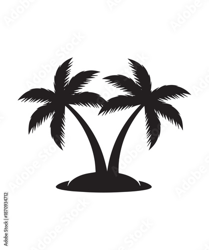 Silhouette of two palm trees on a small island, representing tropical paradise and vacation.