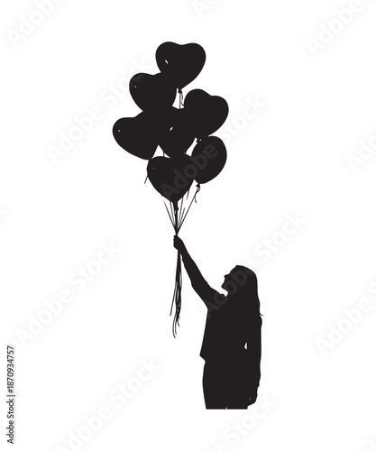 Silhouette of a person holding heart-shaped balloons, symbolizing love, joy, and celebration.