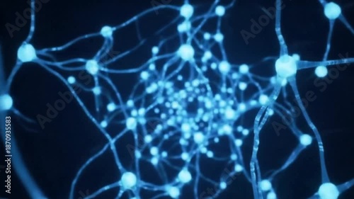 A close-up, abstract, 3D render of a neural network, with glowing cyan nodes and interconnected, branching pathways against a dark, deep blue background - close-up, abstract, render, neural, network