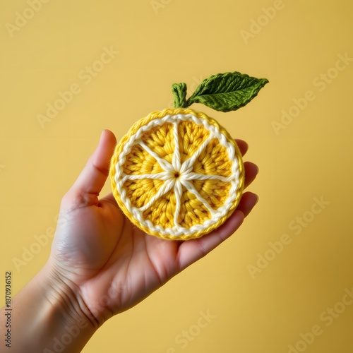 hand holding crochet lemon, plain studio background, tactile texture
