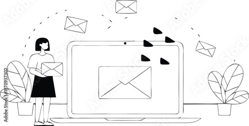 Modern workspace with laptop sending emails surrounded by plants