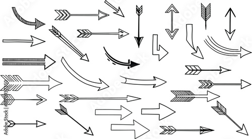 hand drawn doodle arrows and abstract shapes set vector illustration. Multicolor sketch lines, curves, stars and swirls isolated