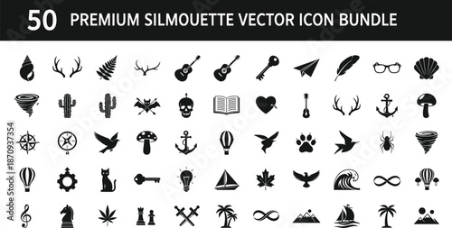 50 premium silhouette vector icon bundle, minimal black symbols collection featuring nature objects animals abstract shapes for logos, branding, web, apps, and UI design