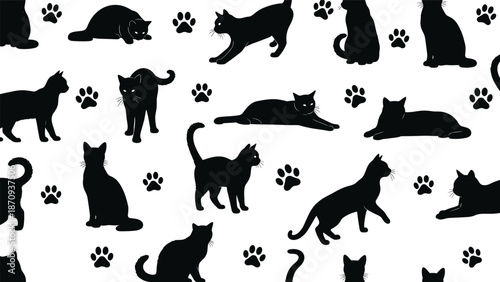 Black cat silhouette seamless pattern vector, playful feline poses with paw prints for pet backgrounds, wallpapers, fabrics, wrapping paper, modern design