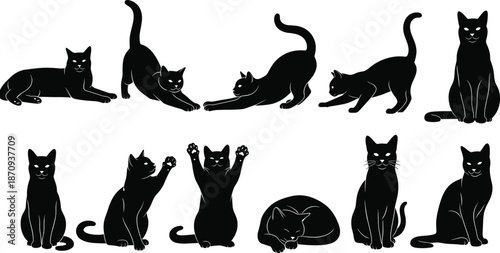 Black cat silhouette vector set, playful and resting feline poses collection for pet design, halloween themes, logos, icons, minimal flat illustration