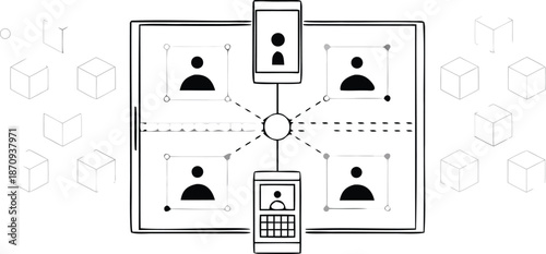 Wireframe 3D cubes and squares on black background for design and technology concepts