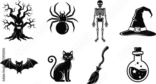 Spooky halloween silhouette vector icon set, witch symbols including skull spider cat bat potion broom tree for horror themes, and dark fantasy design