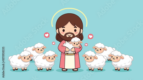 Adorable cartoon Jesus Christ holding a lamb surrounded by his flock of sheep.