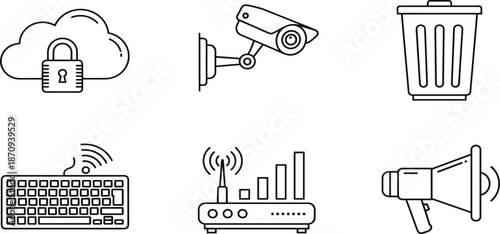 Digital technology icon set featuring cloud security, surveillance camera, wireless router, megaphone advertising, computer keyboard, global communication, and data protection,