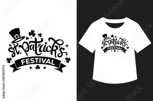 Black and white St. Patrick's Day typography design with leprechaun hat, shamrocks, and hand-lettered quote, shown alone and printed on a white T‑shirt mockup.