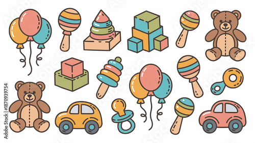 Collection of cute baby toys and objects including teddy bears rattles balloons and building blocks in a flat vector illustration style for childrens products