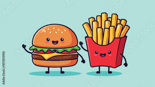 Cute cartoon hamburger and french fries illustration.