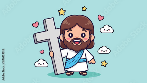 Cute Cartoon Jesus Christ Holding a Cross with Hearts and Stars.
