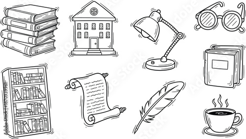 Academic Doodle Icons. Hand-drawn doodle illustration Academic discipline [open book, notebook, pencil, ruler, graduation cap, checklist, alarm