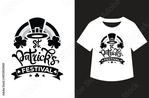 Black and white St. Patrick's Day typography design with leprechaun hat, shamrocks, and hand-lettered quote, shown alone and printed on a white T‑shirt mockup.