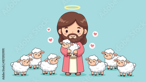 Cute cartoon Jesus Christ with halo holding a lamb surrounded by other sheep.