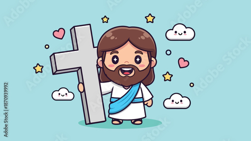 Cute Cartoon Jesus Christ Holding Cross Illustration.