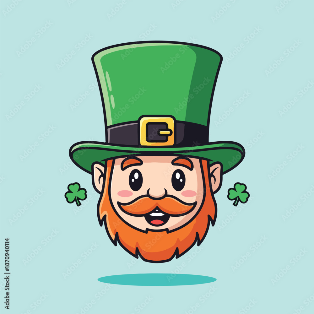 Fototapeta premium Cute Cartoon Leprechaun Head with Green Hat and Shamrock