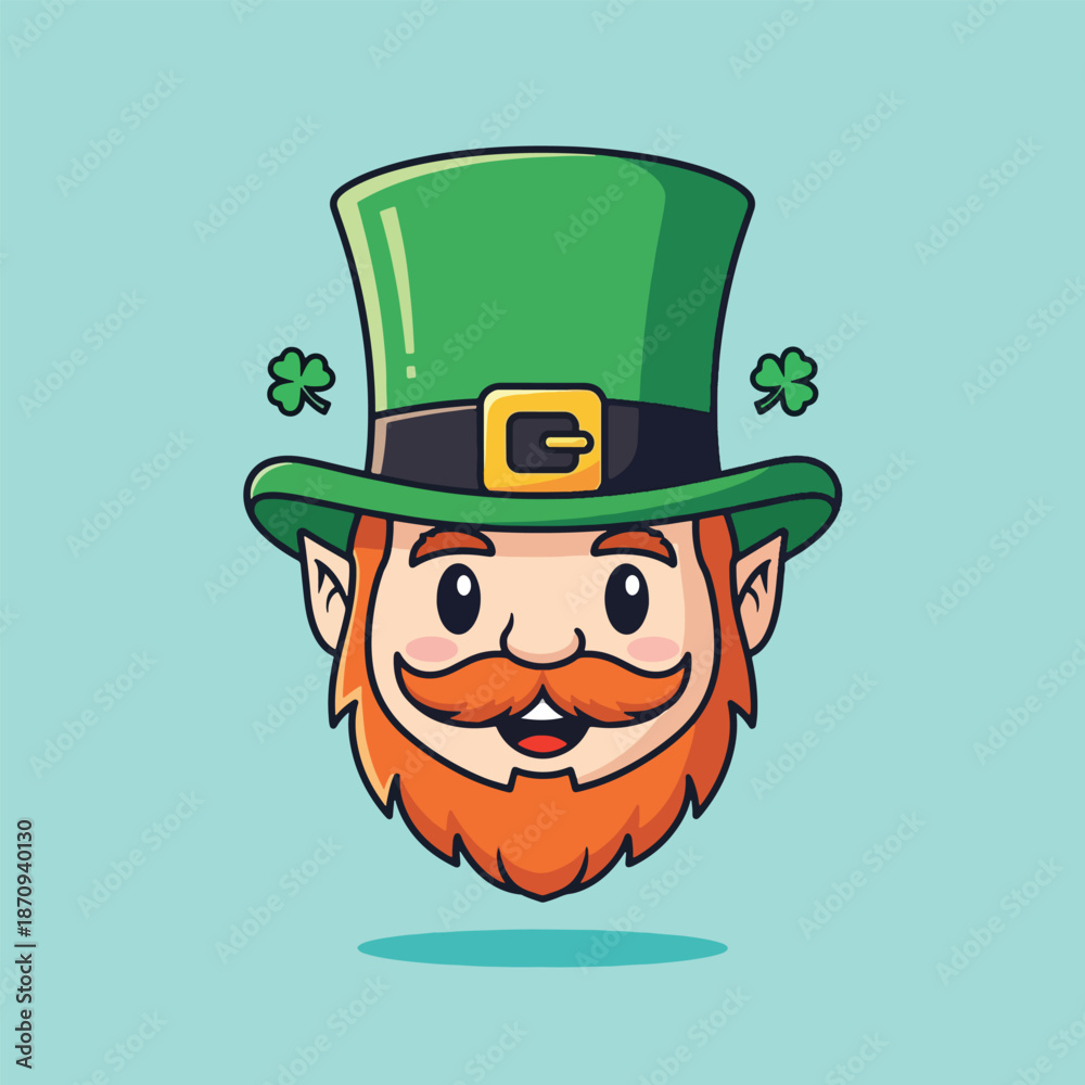 Fototapeta premium Cute Cartoon Leprechaun Head with Green Hat and Shamrocks.