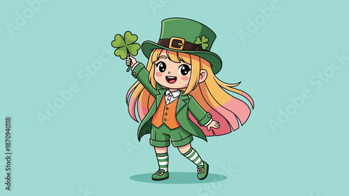 Cute Cartoon Leprechaun Girl Holding a Lucky Clover.