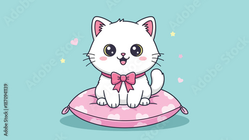Cute White Kitten Sitting on a Pink Pillow with a Bow.