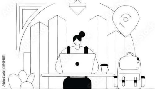 Businessman working on laptop in modern office space with city view