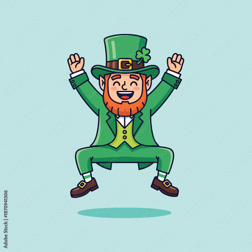Naklejka premium Happy leprechaun jumping celebrating Saint Patricks Day.
