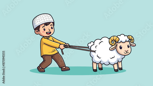 Muslim boy pulling a sheep for Eid al Adha celebration.
