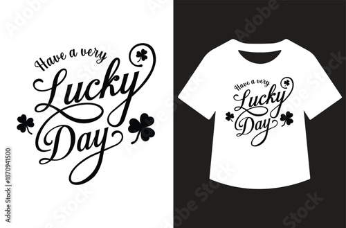 Monochrome "Lucky" typography with swirling accents, leprechaun hat, and shamrocks, showcased standalone and on white T-shirt mockup. Versatile black vector design perfect.