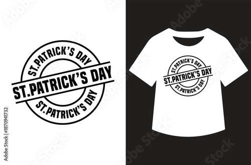 White St. Patrick's Day artwork featuring leprechaun hat, shamrocks, and swirling "Happy St. Patrick's Day" script, displayed standalone and on a black T-shirt mockup.