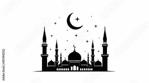 Black silhouette of a mosque with minarets and a crescent moon against a white background with stars.