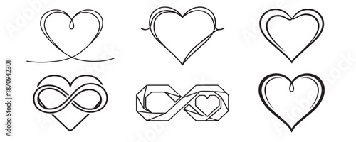 Heart symbol icon set with infinity and geometric love outline illustration