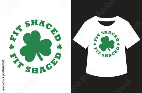 White St. Patrick's Day artwork featuring leprechaun hat, shamrocks, and swirling "Happy St. Patrick's Day" script, displayed standalone and on a black T-shirt mockup.
