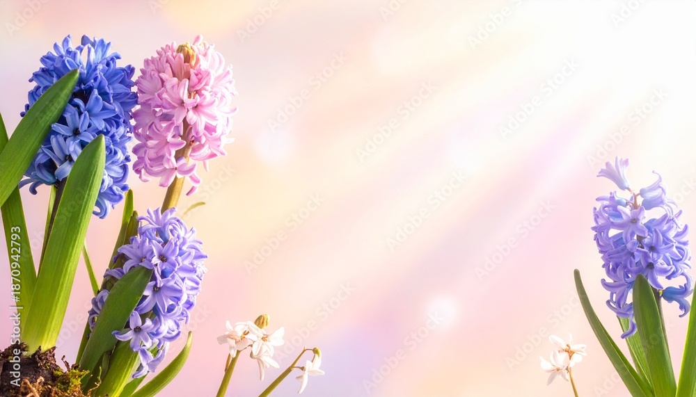 Obraz premium Bright springtime background in pastel colours with copyspace and hyacinth flowers in sunlight. 