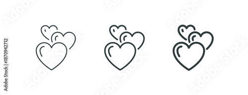 Love care and emotional support, hearts donation or healthcare outline icon. Minimalist line sign three symbols hearts. Vector isolated pictogram for web and app.