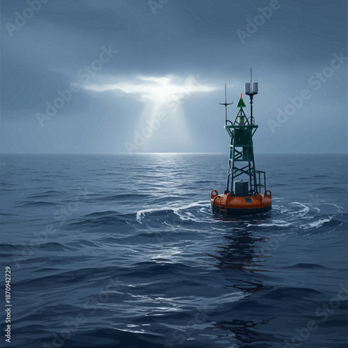 Navigational Buoy in Stormy Seas with Dramatic Sky