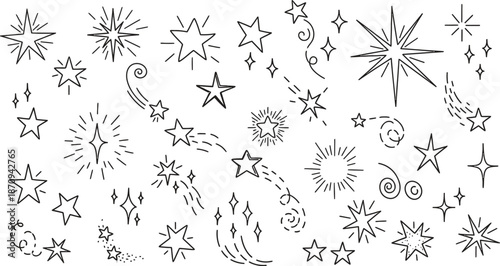 Large set of hand drawn black stars in various doodle styles including sparkles, swirls, and shooting stars, creating a whimsical and playful decorative element