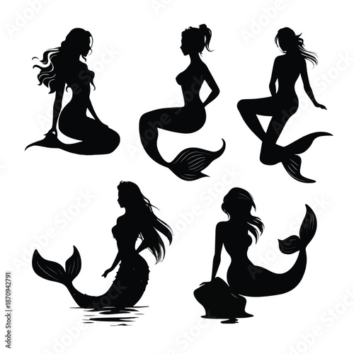 set of silhouettes of mermaid