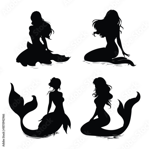set of silhouettes of mermaid