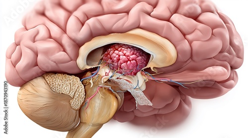Flat realistic illustration of insular cortex tumor showing deep brain anatomy tumor growth smooth vector shading neuroanatomy educational style