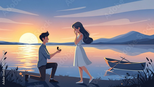 Man Proposing to Woman by the Lake at Sunset