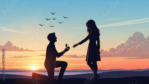 Man Proposing to Woman on One Knee at Sunset with Birds Flying