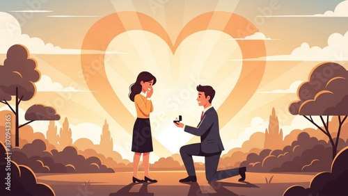 Man Proposing to Woman with Ring in Front of Heart Shape during Sunset