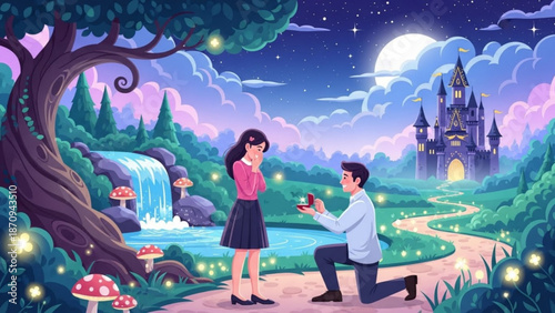 Man Proposing to Woman under Moonlight in Fantasy Landscape with Castle