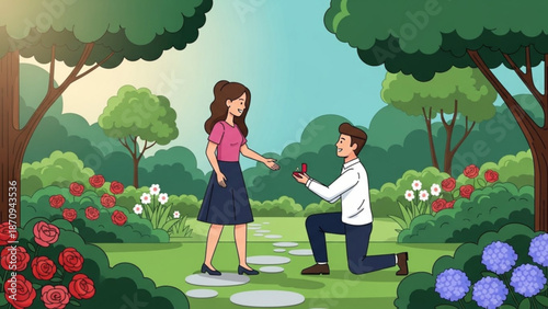 Man Proposing to Woman in Beautiful Garden with Flowers