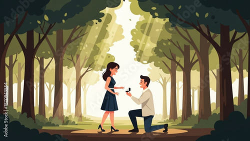 Man Proposing to Woman in Forest during Sunset